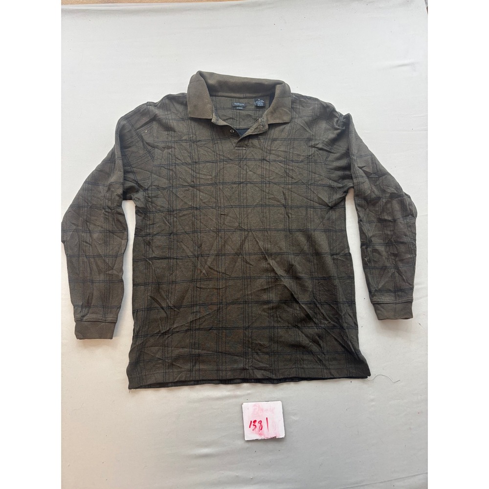 Van Heusen Studio Mens Medium Long Sleeve Polo Shirt Olive Brown Grid Pattern